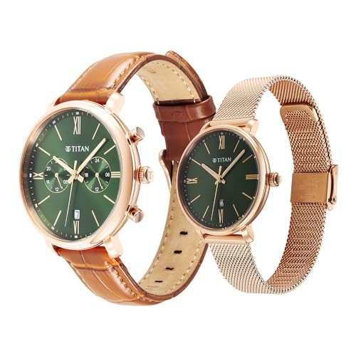 Titan Bandhan Quartz Analog with Date Green Leather and Stainless Steel Strap for Couple-9400794207WZ03P - Image 5