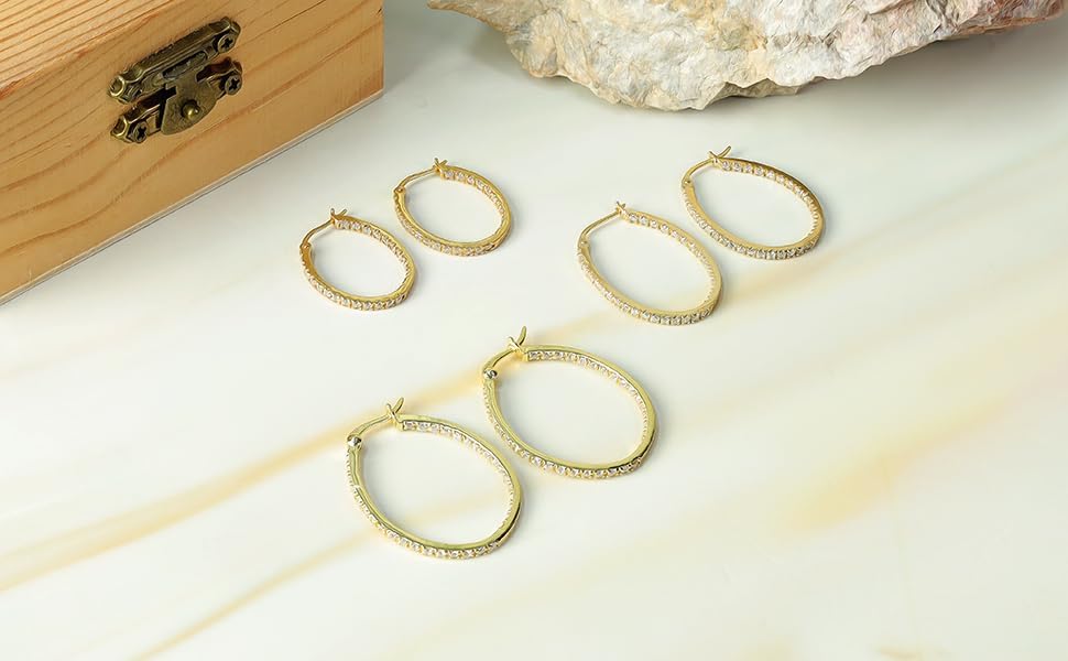 Hoops & Loops 925 Sterling Silver Cubic Zirconia Inside Out Oval Hoop Earrings for Women, 20mm 25mm 30mm - Image 4