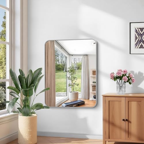 Image of KOCUUY Silver Bathroom Mirror, 30x36 Inch Bathroom Mirror for Over Sink, HD Tempered Glass, Anti-Rust Brushed Silver Frame, Rounded Corner Modern Design for Bathroom, Hang Horizontal /Vertical