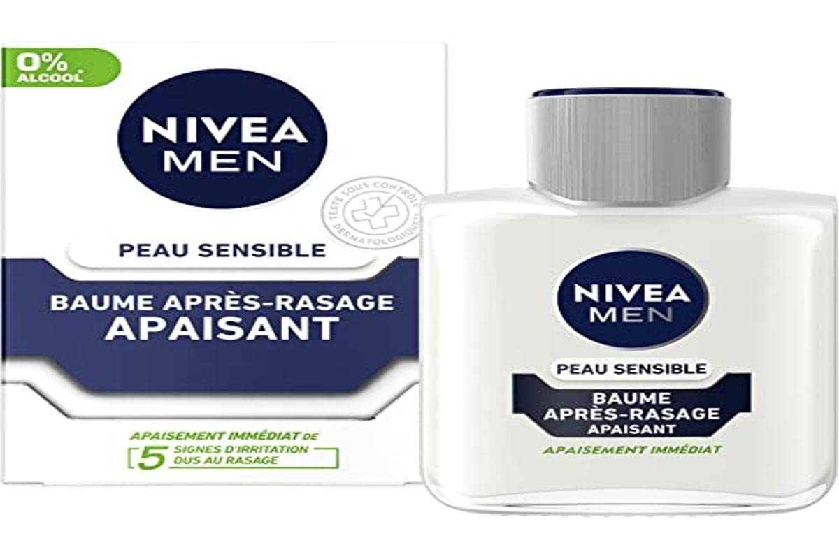 NIVEA MEN Balsam do skóry wrażliwej (1 x 100 ml), pielęgnacja po goleniu wzbogacona rumiankiem i oczarem wirginijskim, pielęgnacja twarzy dla mężczyzn 0% alkoholu dla skóry wrażliwej