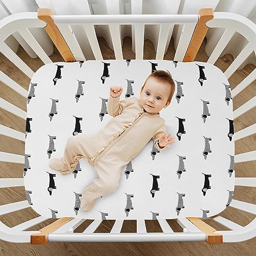 Image of Fitted Crib Sheets Dachshund Black and White Dogs Stretchy Portable Playard Sheets for Baby Toddler, Breathable Soft Mini Crib Mattress 39 x 27 in for Boys and Girls