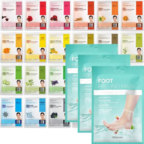 DERMAL 24 Combo Pack Collagen Essence Full Face Facial Mask Sheet + Foot Peeling Mask 3 Pack For Dry Foot And Cracked Heel & Callus With Aloe Vera And Collagen