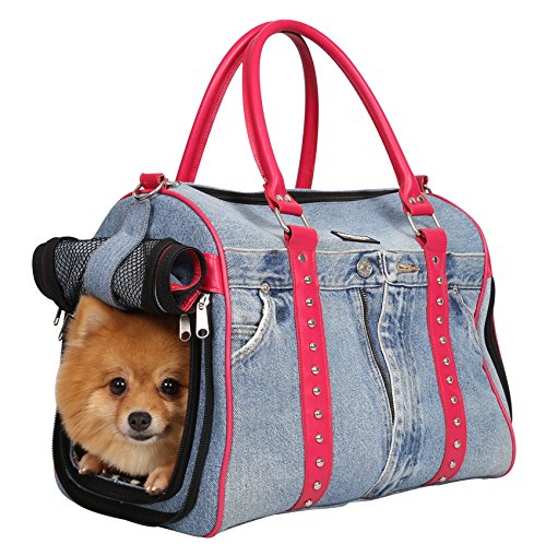 Doggy Dolly PC062 Dog Bag - Rivets with Carry Handle - Pink/Denim