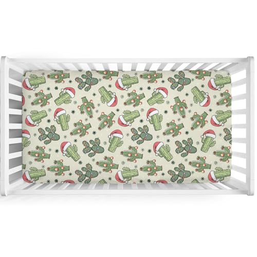 Image of Christmas Cactus Baby Crib Sheet 52''x28'' Desert Christmas Cactus Hats Snowflakes Fitted Crib Mattress Cover for Boy Girl Western Cactus Soft Baby Bed Sheets for Standard Crib and Toddler Mattress