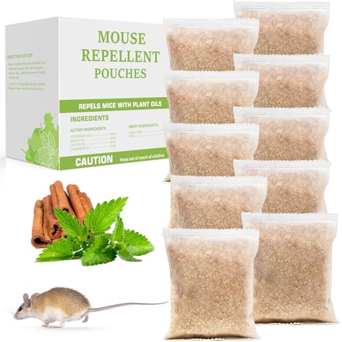 Mouse Repellent Pouches, 10 Pack Peppermint Oil Mice Deterrent for Indoor Outdoor, Natural Repellent Keep Rodent Squirrel Spider Pests Repel Rats, Safe for Pets & Family