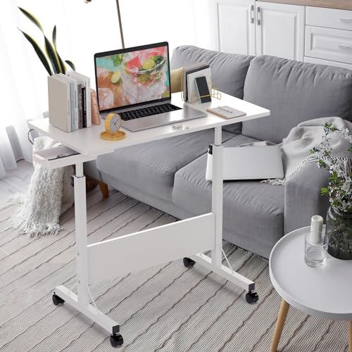 PIPIPOXER 80x40cm Klapptisch Laptoptisch höhenverstellbarer 64-89cm Schreibtisch Faltbar Computertisch mit drehbarer Rollen, Kartenschlitz und Schubladen für Schlafzimmer, Büro, Weiß
