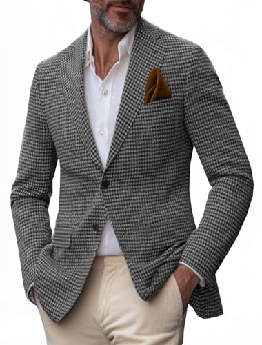 Plaid Sport Coat for Men's Vintage Houndstooth Tuxedo Suit Single Breasted Formal Jacket for Wedding Party