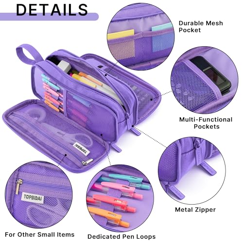Image of TOPBIDAI Large Pencil Case Pouch for Girls Boy Women Men Adults | Big Capacity Canvas Pencil Bag, Office School Supplies, Multi Compartment Zipper Stationery Pen Box(Full Purple)