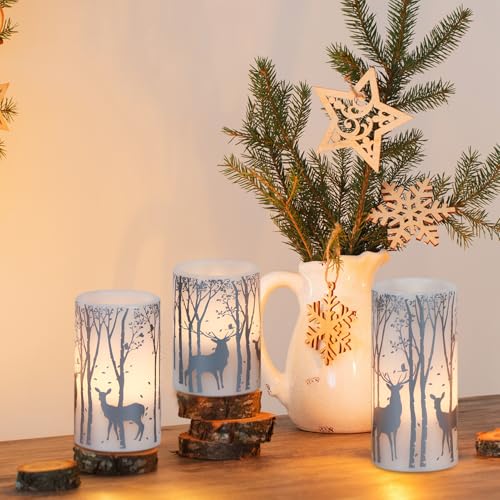 Image of GenSwin Flameless Candles with Timer, Christmas LED Flickering Candles Real Wax with Silver Deer Decals, 3 Pack Pillar Fake Candle for Winter Indoor Fireplace Christmas Decor(D3 inch x H4 inch5 inch6 inch)