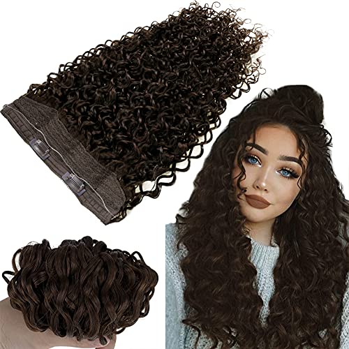 RUNATURE 16inches Hair Extensions Natural Wave Halo Hair Extensions Dark Brown Extensions Clip in Halo Hair 80g Real Hair Extensions Hidden Crwon Halo Hair