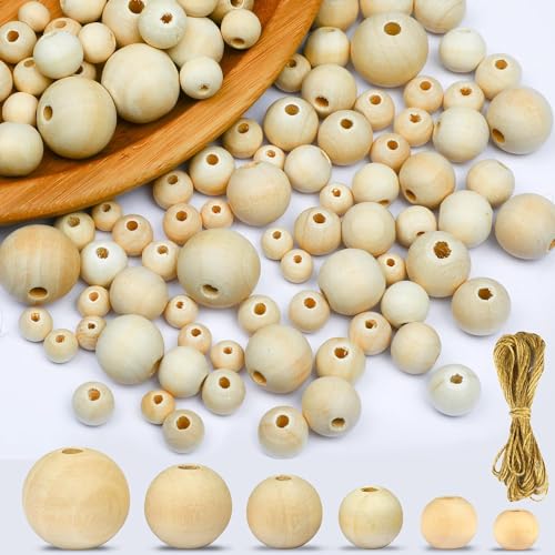 Image of DIY Crafts 260, Natural Wood Round Beads Wooden Beads + Jute Twine, Unfinished Wood Beads for Crafts with Holes Beads for Jewelry Making, Garland, Home /Farmhouse Decor and DIY As 1st Image (260)