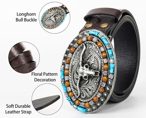 Western-Turquoise-Cowboy-Belt for Men Women with Longhorn Bull Buckle Belt for Jeans3