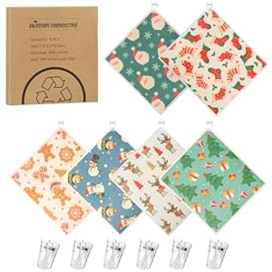 6 Pack Christmas Swedish Dishcloths for Kitchen, Santa Claus Snowman Elk Reusable Paper Towels with Adhesive Clips, Stocking Stuffers for Womens Absorbent Cellulose Sponge Cloths for Cleaning Kitchen