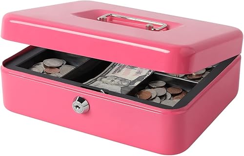 Decaller - Caja de efectivo metálica con bandeja de dinero con cerradura de llave para seguridad rosa mediana 238 x 198 x 889 cm