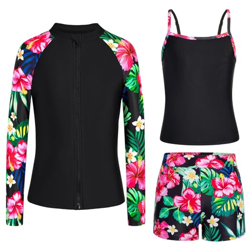 Rash Guard for Girls Long Sleeve 3 Piece Teens Swimsuits Zip Up Bathing Suit with Pockets Boyshorts (6-16Y) Black Floral 13-14 Years