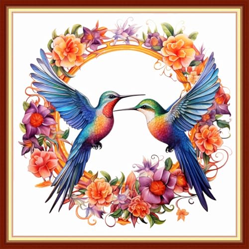Image of Joyhoor Stamped Cross Stitch Kits for Beginners Needlepoint Kits for Adults Embroidery Kits 11CT Counted Cross Stitch Kits Printed Embroidery Pattern-Wreath Hummingbird 18x18 inchs