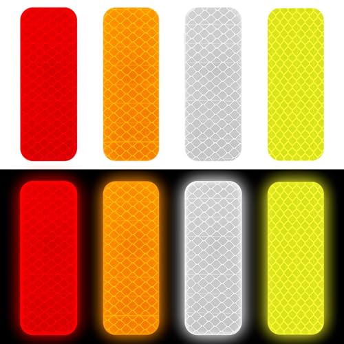 Amcbkyea Láminas Reflectantes 80 Piezas, Adhesivos de Seguridad Nocturna Impermeables para Coche, Moto, Bici, Casco, Moquila, 4 Colores, Alta Visibilidad 3x8 cm