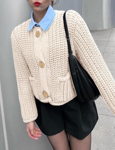 Image of Women's Chunky Knit Cardigan Sweaters Long Sleeve Open Front Button Kitted Fall Jackets Coats(Cream, S)