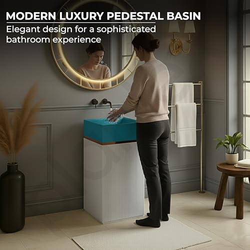 Image of Plantex Matt Acrylic Resin & Quartz Pedestal Basin For Bathroom /One Piece Pedestal Free Standing Square Wash Basin For Living Room /Hotel (Blue & White)