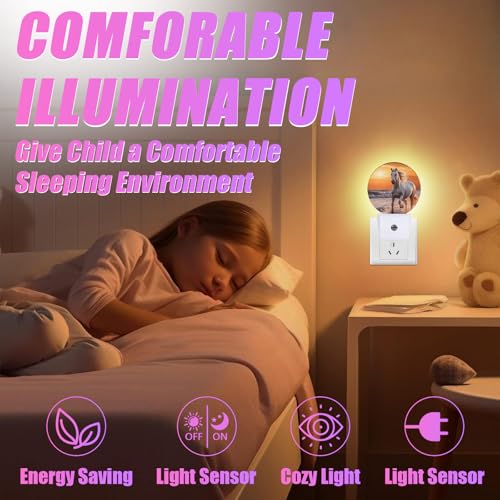 Image of Running Horse Night Light Sunset Night Lights LED Lamp Round Plug into Wall Nightlight with Dusk to Dawn Sensor Home Hallway Stairway Kitchen Decor