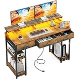 AODK 48 inch Computer Desk with 3 Drawers, Gaming Desk with LED Lights & Power Outlets, Home Office Desk with Storage Shelves & Monitor Stand, Modern Work Study Writing Table for Small Spaces, Vintage