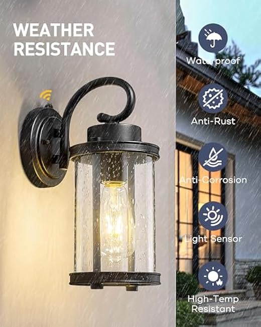 kudos Dusk to Dawn Outdoor Lighting, 12.5 inch Porch Lights Outdoor, Anti-Rust Waterproof Cylinder Wall Light for Patio, Garage, Black with Seeded Glass, KDOWL01-BK-LC
