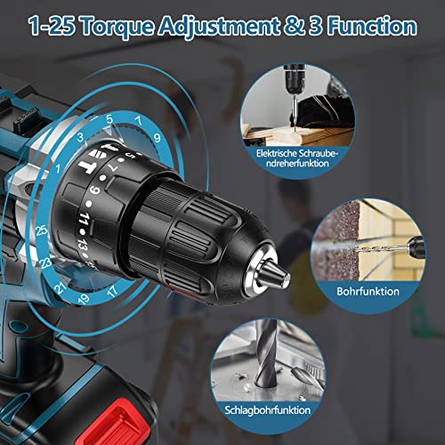 Akkuschrauber 21V, Akku Bohrschrauber mit zwei 21V Batterien, Akku Bohrer mit 3 Funktionen, Akku Schlagbohrschrauber mit 61tlg Zubehör Set, AkkuBürste mit Reinigen Set, akku bohrmaschine – Bild 3