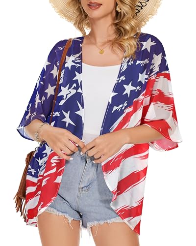Image of Women's Floral Print Puff Sleeve Kimono Cardigan Loose Cover Up Casual Blouse Tops 2026