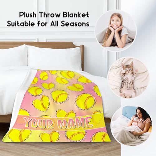 Custom Softball Blanket, Cozy Soft Throw Gifts for Boys, Cool Pink Flannel Throw Blankets for Couch Sofa, 40x50 Inches