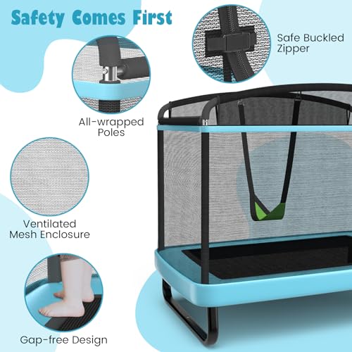 GLACER Toddler Trampoline, 6FT Indoor/Outdoor Rectangle Mini Trampoline with Swing & Safety Enclosure Net, Gift for Boys & Girls Ages 3+ (Blue) - Thumbnail 4