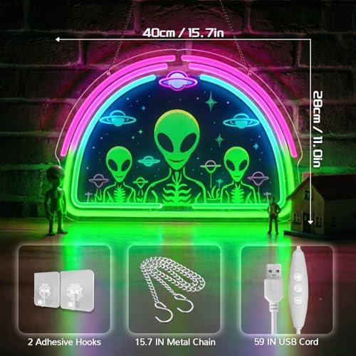 Image of Alien Neon Sign,Neon Signs for Wall Decor,Space UFO LED Neon Light Wall Decor for Game Room,Mancave,Dorm & Party,Dimmable USB Powered Neon Wall Art Aesthetic for Teens,Gamers & Sci-Fi Lovers