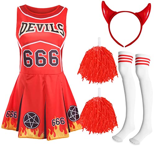Ladies Halloween Devil Cheerleader - Medium - Red Cheerleader Dress Red Pompoms Devil Horns and White & Red Sport Socks - Adults Cheer Captain Halloween Trick or Treat Fancy Dress Costume