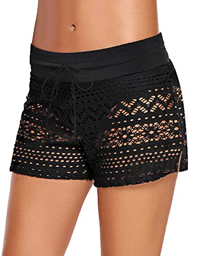 Dona-Brayman Women's UPF50+ Sport Board Shorts Swimsuit Bottom Skinny Capris Swim Shorts(Black Shorts 2, X-Large)