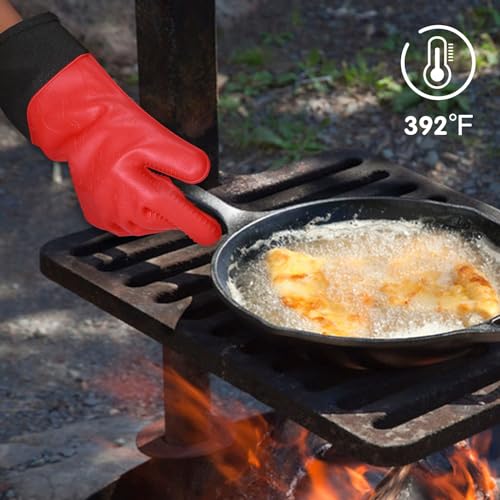 Image of GEEKHOM Silicone Grilling Gloves, Heat Resistant Oven Mitts, BBQ Gloves, Waterproof Non-Slip for Barbecue, Cooking, Baking, Fryer, Red