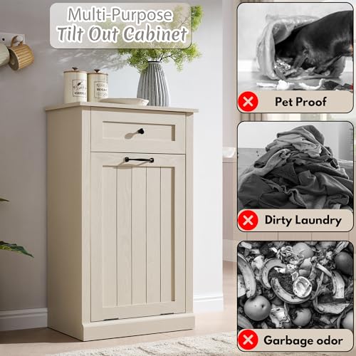 Image of IFBUY Tilt Out Laundry Hamper Cabinet, Trash Can Cabinet, Cream