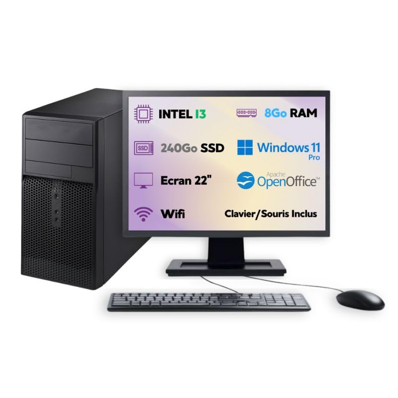 PC Bureau Complet Écran 22 Intel i3 SSD 250Go RAM 8Go Windows 11 Pro