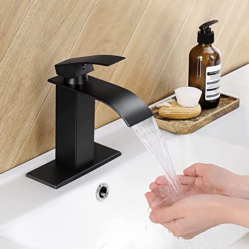 Qomolangma-Black-Waterfall-Spout-Bathroom-Faucet-Single-Handle-Vanity-Sink-Rv-Lavatory-Vessel-Faucet-Suitable-for-1-or-3-Holes-with-6-Inch-Deck-Plate-Hose-Matte-Black