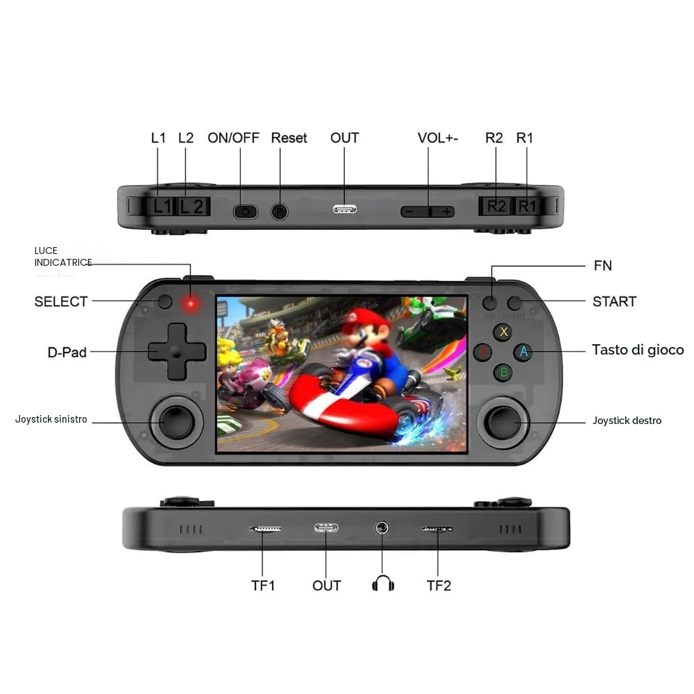 GameBox V2 | Console portatile +15.000 giochi schermo Full HD 4" + memoria 128 GB espandibile, licenza Linux 2.0, WiFi, multiplayer + 4 trigger, connessione"}
