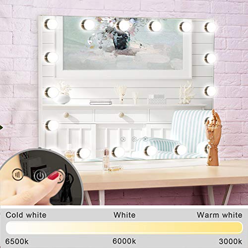 LUXFURNI Vantity Tabletop Makeup Hollywood Mirror Dimmable Light Touch Control 18 Cold/Warm LED Lights, Detachable 3X Magnification Mirror