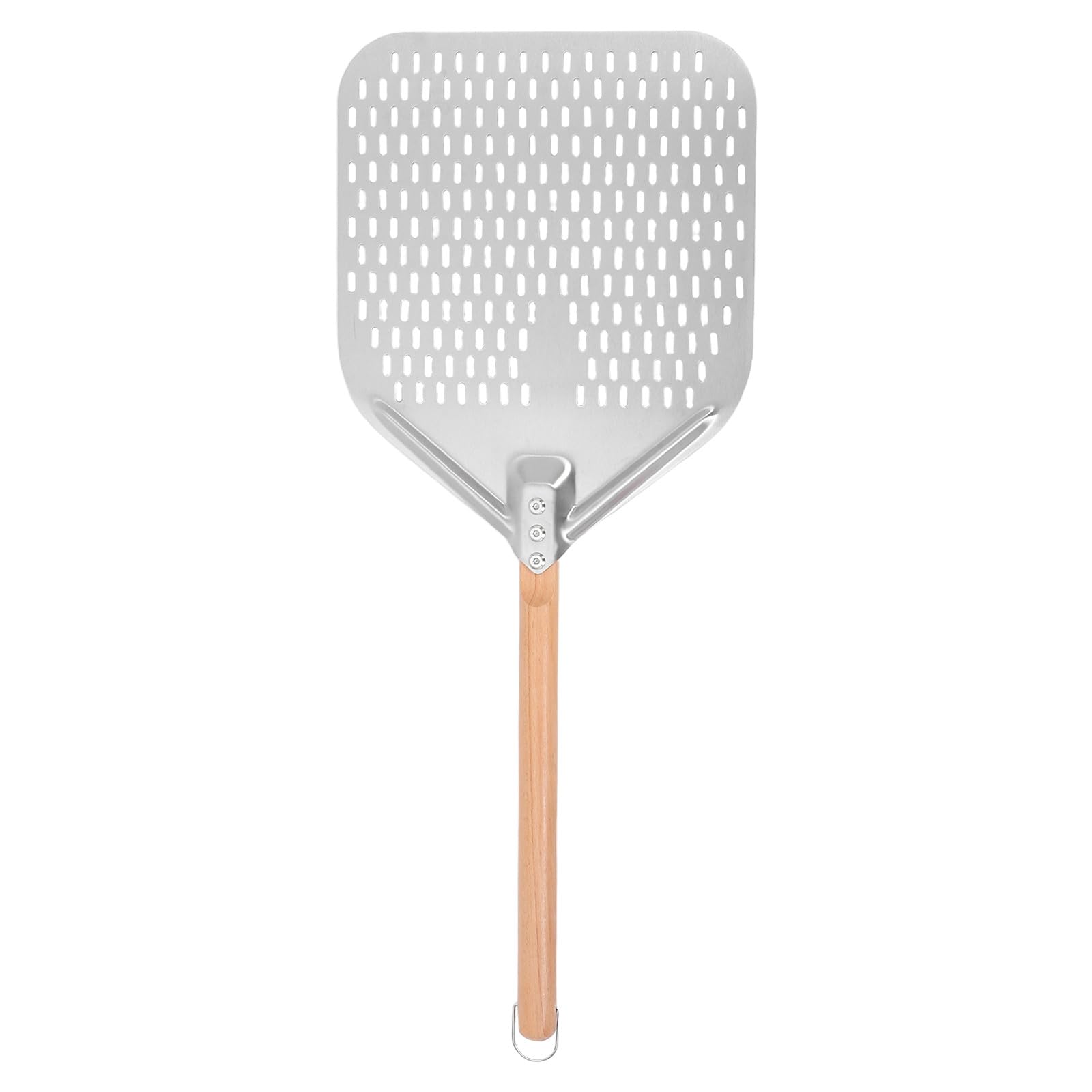 DOITOOL Pala de pizza de acero inoxidable con mango de madera para fácil almacenamiento - Pala perforada con agujeros para hornear pan artesanal casero 28.69 x 11.99 pulgadas