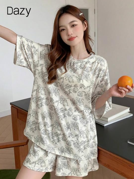 Image of Lunza Women's Cotton Blend Pajama Set, Short Sleeve T-Shirt and Shorts, Cute Bear Print Nightwear