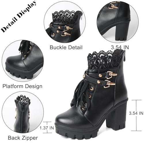 Image of MEOTINA Women Platform Boots Black Chunky Heel Ankle Booties Lace Buckle Combat Boots with Zipper High Heel Goth Shoes