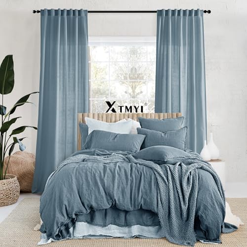 Image of XTMYI Stone Blue Curtains 90 Inches Long for Living Room,Light Filtering Country Vintage Hooks Pleated Back Tab Semi Sheer Linen Curtains for Bedroom 2 Panels Set,Dusty Blue