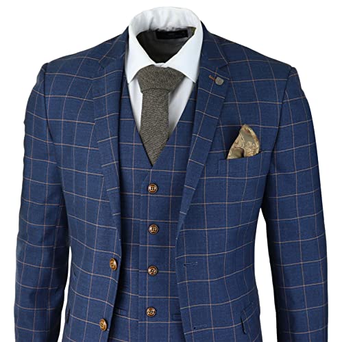 Mens 3 Piece Blue Orange Check Suit Retro Smart Tailored Fit Vintage3