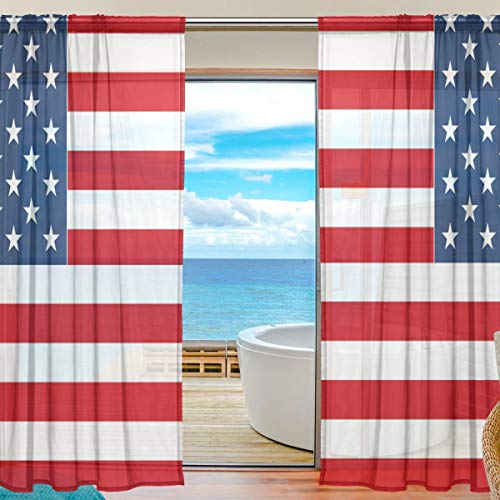 BIGJOKE Window Sheer Panneaux de Rideaux drapé American USA Drapeau de Cuisine Salon Chambre à Coucher Bureau Voilage 2 pièces, Multicolore, 55x84 inches