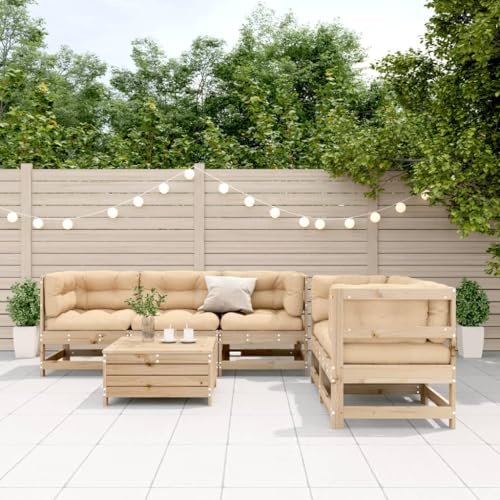 Ordellia Juego de 6 muebles de jardín de madera maciza de pino, diseño de lamas, sofá esquinero y taburete, cojines beige, muebles de exterior
