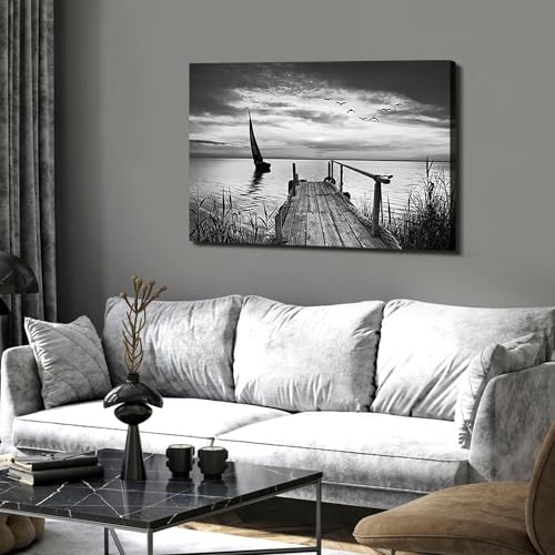 Image of Black and White Coastal Wall Art Beach Sailboat Seascape Pictures Bathroom Wall Decor Grey Trestle Canvas Print Painting Artwork for Modern Abstract Living Room Bedroom Home Office Decoration 24x36 inch
