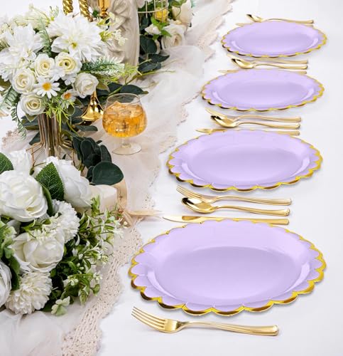 Image of HEIPINIUYE 50 Pieces Lavender Paper Plates with Gold Foil 7 Inch Disposable Light Purple Scalloped Dinner Plates for Wedding Baby Shower Birthday Party Dessert Plate