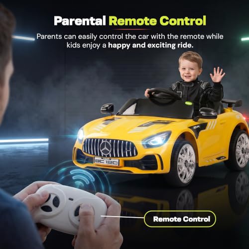 Image of Baybee Spyder Battery Operated Car for Kids | Rechargeable Battery Car with Bluetooth & USB | Electric Kids Car with Parental Control, LED Lights & Music | Ride on Cars for Kids 1-5 Years (Yellow)