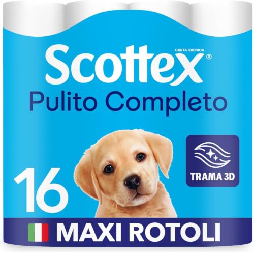 Scottex Pulito Completo Carta Igienica, Super Resistente, 16 Rotoli Maxi | Carta igienica, Trama 3D per un pulito imbattibile, Elevata consistenza, Con cellulosa certificata FSC